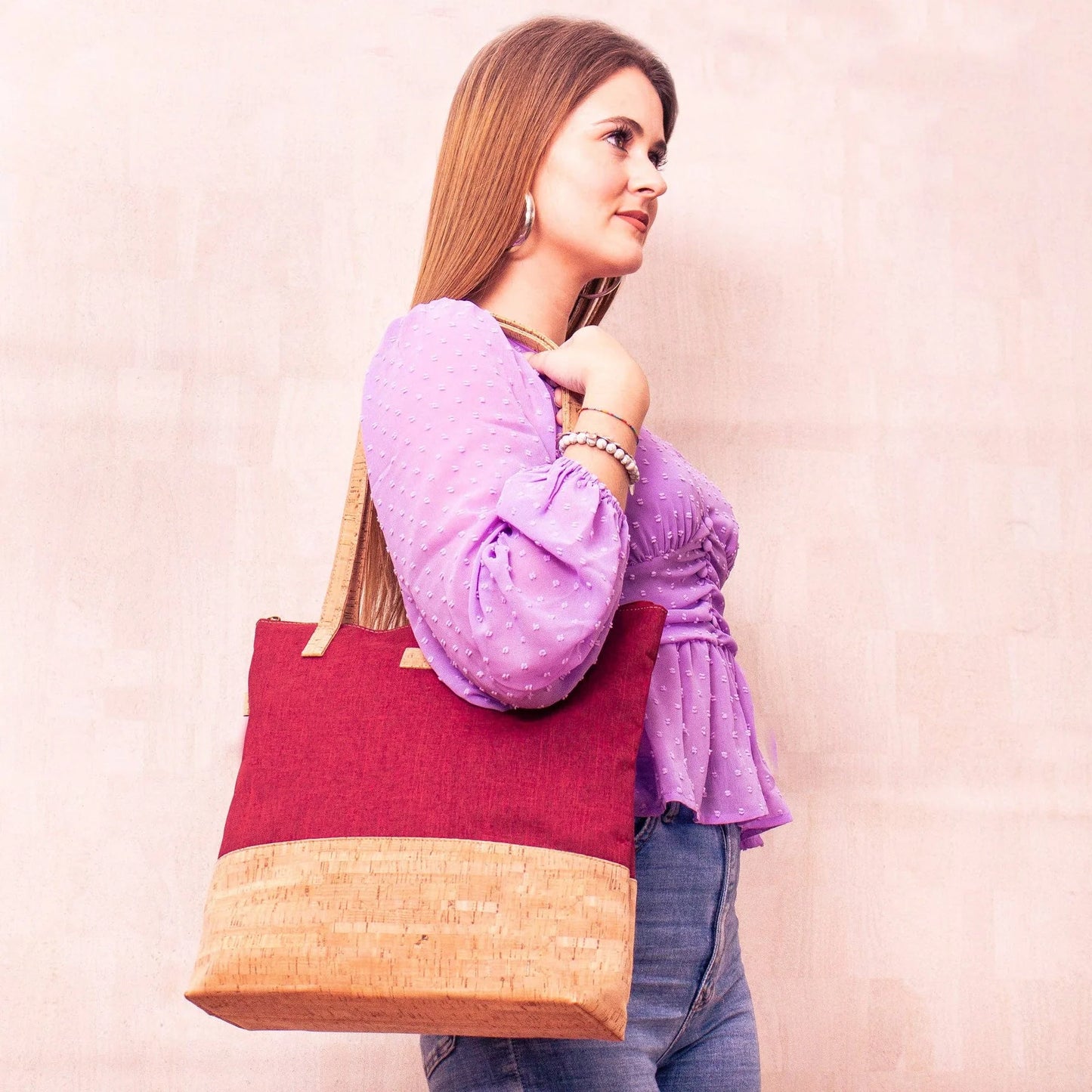 Tote bag BAG - Natural Cork with red fabric women's Tote bag BAG