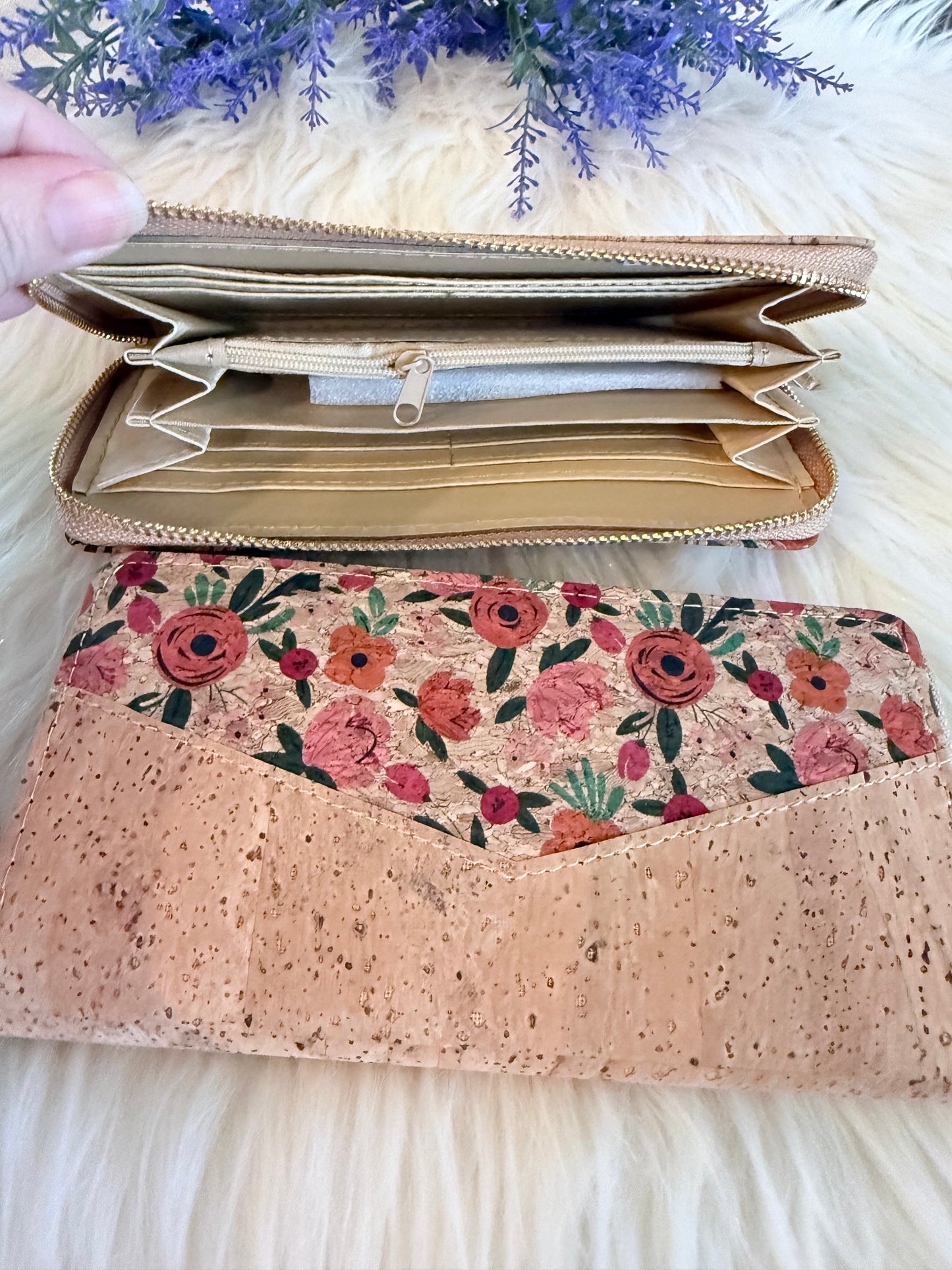 Wallet natural cork Flowers patterns natural cork women zipper card wallet