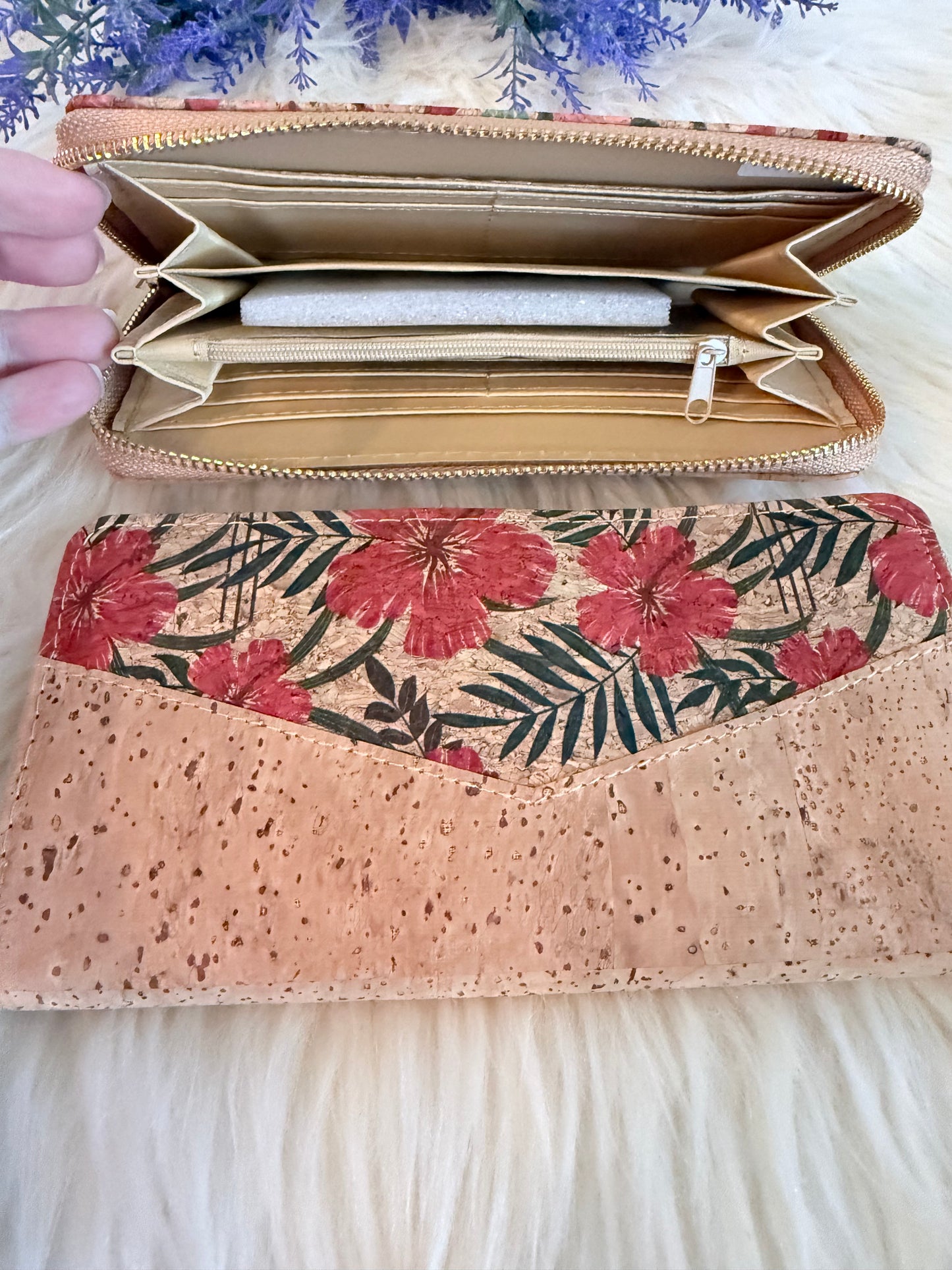 Wallet natural cork Flowers patterns natural cork women zipper card wallet