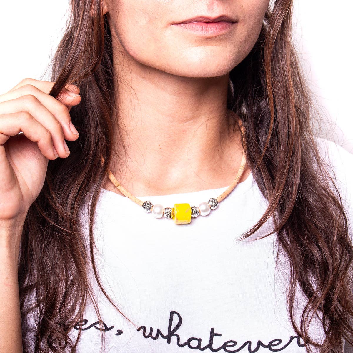 Necklace Natural cork and yellow porcelain bead necklace