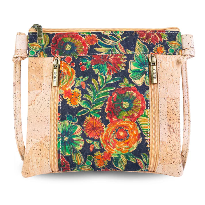 Crossbody Natural Cork  Bag with Floral Print - Vegan Leather Shoulder Bag