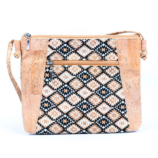 Crossbody Natural Print Cork Shoulder Bag with Zippered Pockets