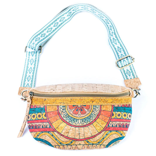 Chest Bag with Colorful Cotton Strap-Natural Cork Mandala Print Cork Women's Chest Bag with Colorful Cotton Strap