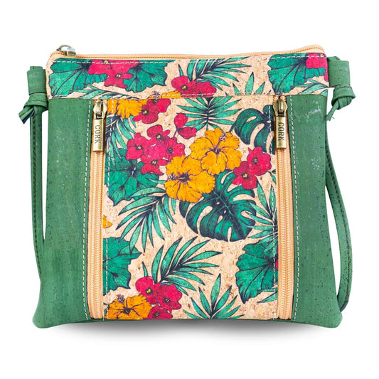 Crossbody Natural Cork  Bag with Floral Print - Vegan Leather Shoulder Bag