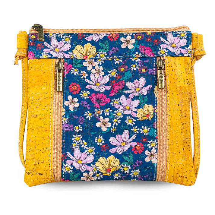 Crossbody Natural Cork  Bag with Floral Print - Vegan Leather Shoulder Bag