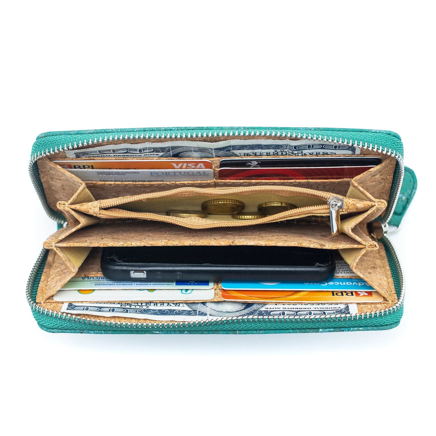 Wallet - Natural Cork Wallet- Cork Wallet with Detachable Wrist Strap- Turquoise