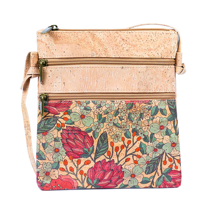 Crossbody Natural Cork Women's Double Zip Flower print Crossbody Bag