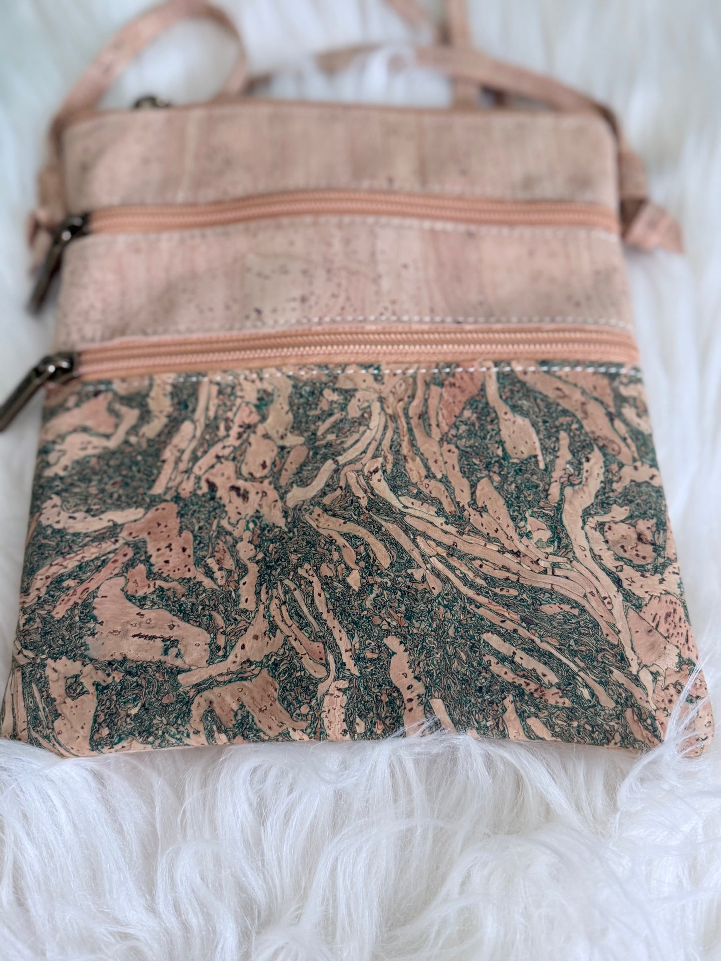 Crossbody Cork Crossbody Bag with Triple Zippers