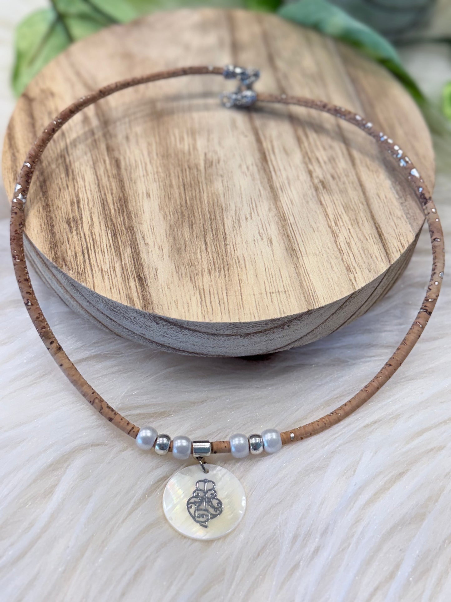 Necklace Shell heart Pendant- handmade women's cork necklace