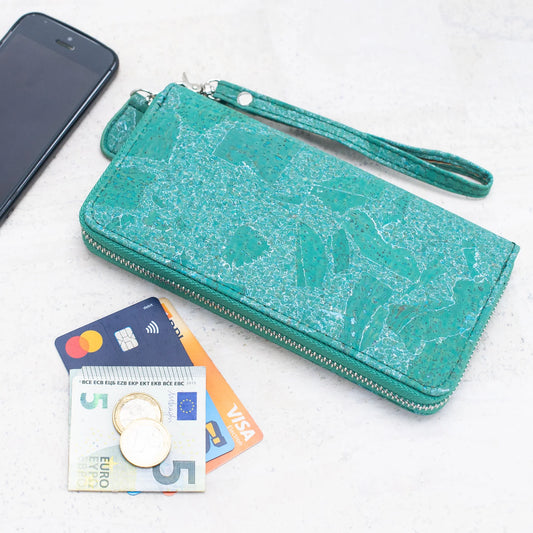 Wallet - Natural Cork Wallet- Cork Wallet with Detachable Wrist Strap- Turquoise