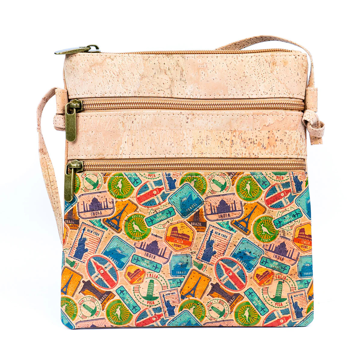 Crossbody Natural Cork Women's Double Zip Flower print Crossbody Bag