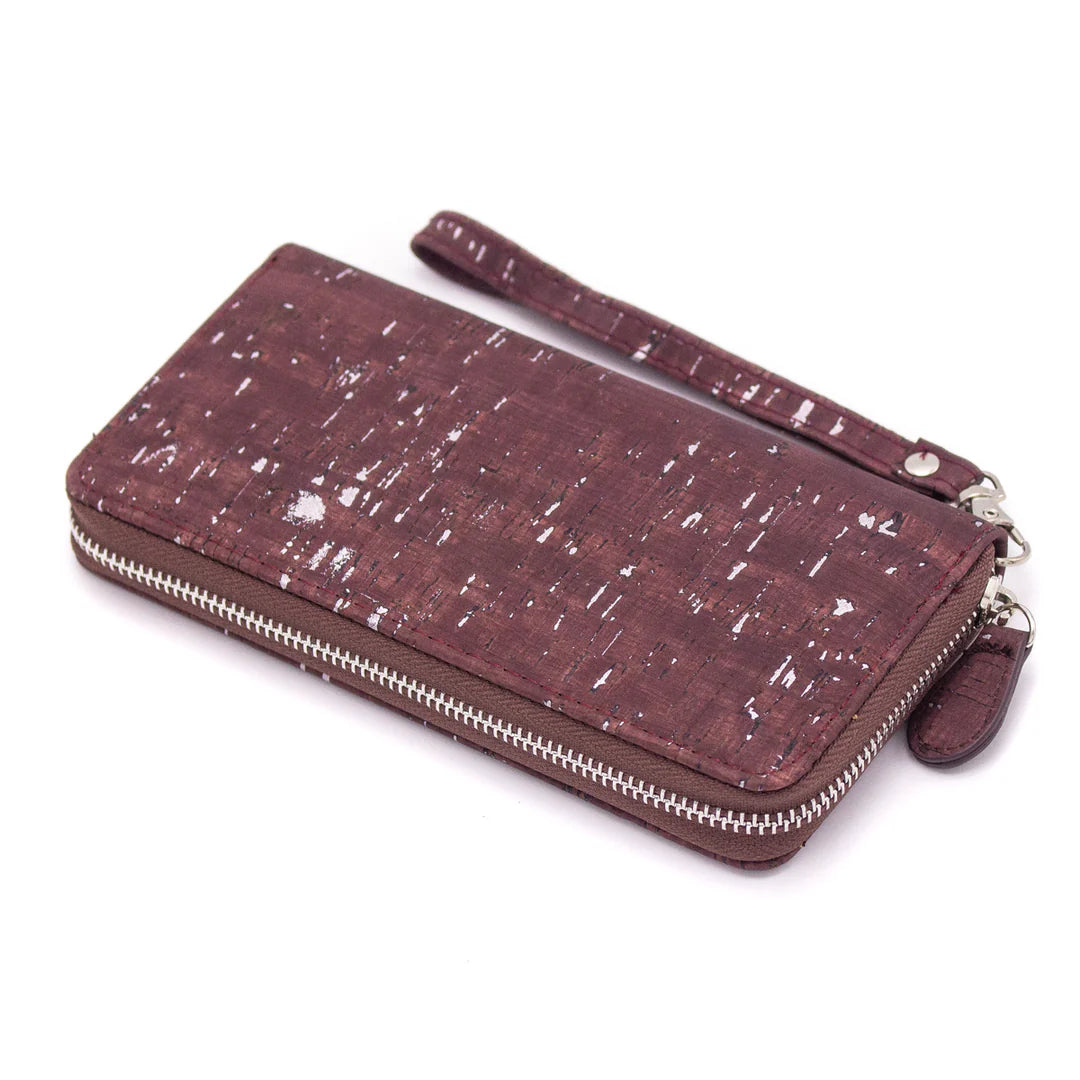 Wallet -Brown mixed silver cork with accents women card zipper vegan wallet