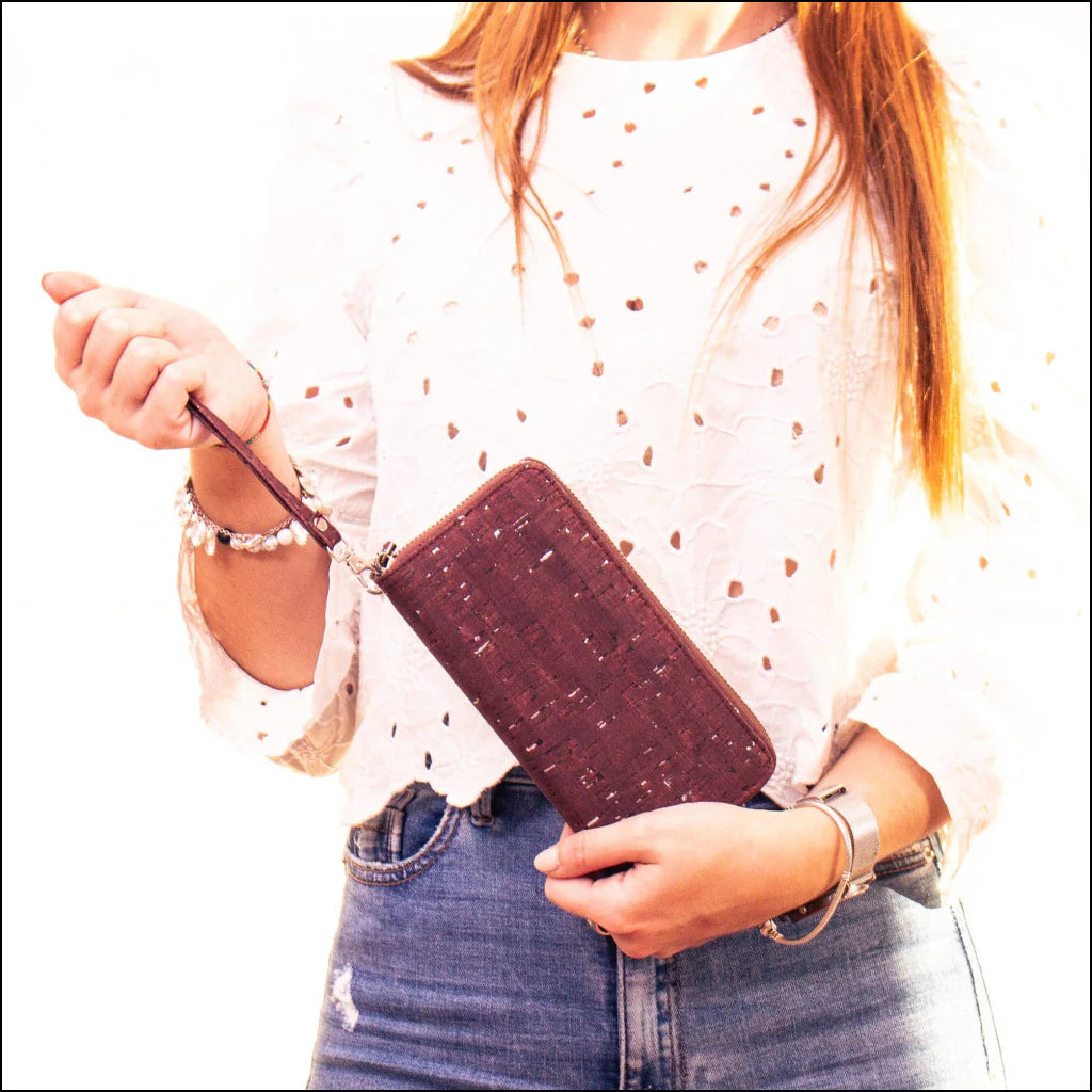 Wallet -Brown mixed silver cork with accents women card zipper vegan wallet