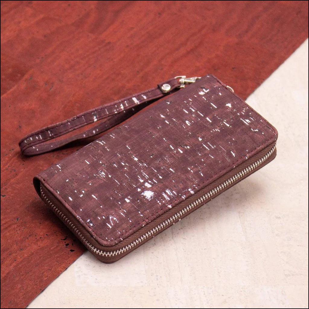 Wallet -Brown mixed silver cork with accents women card zipper vegan wallet