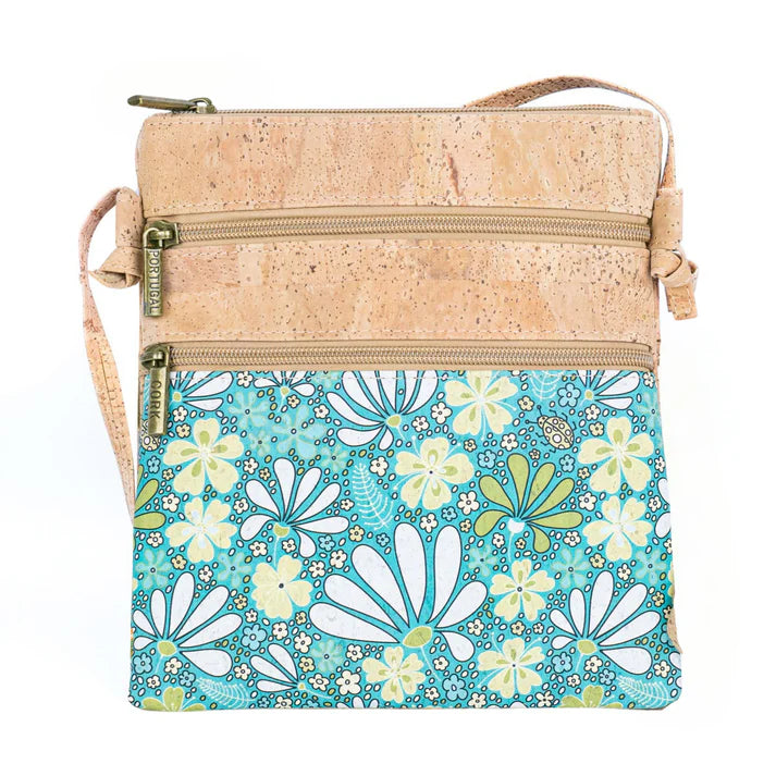 Crossbody Natural Cork Women's Double Zip Flower print Crossbody Bag