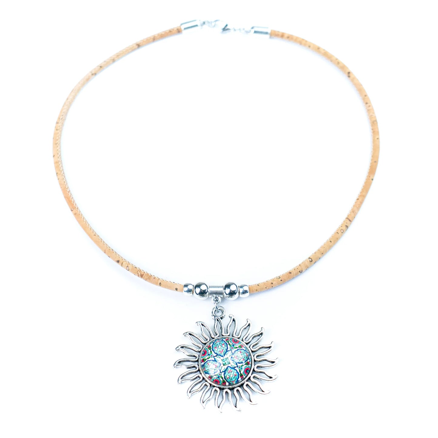 Necklace with Sun Pendant- natural cork necklace