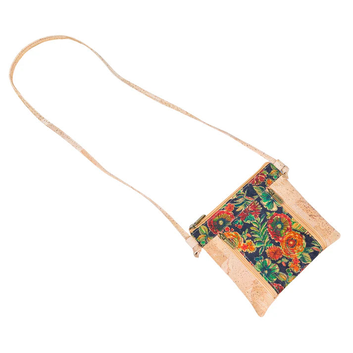 Crossbody Natural Cork  Bag with Floral Print - Vegan Leather Shoulder Bag