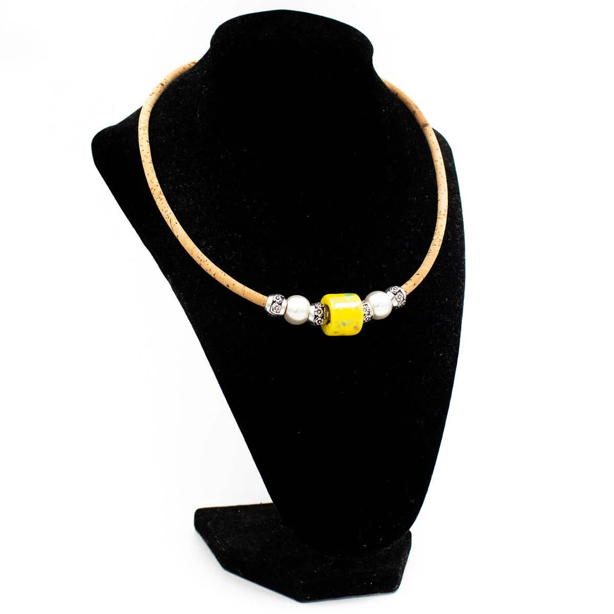Necklace Natural cork and yellow porcelain bead necklace