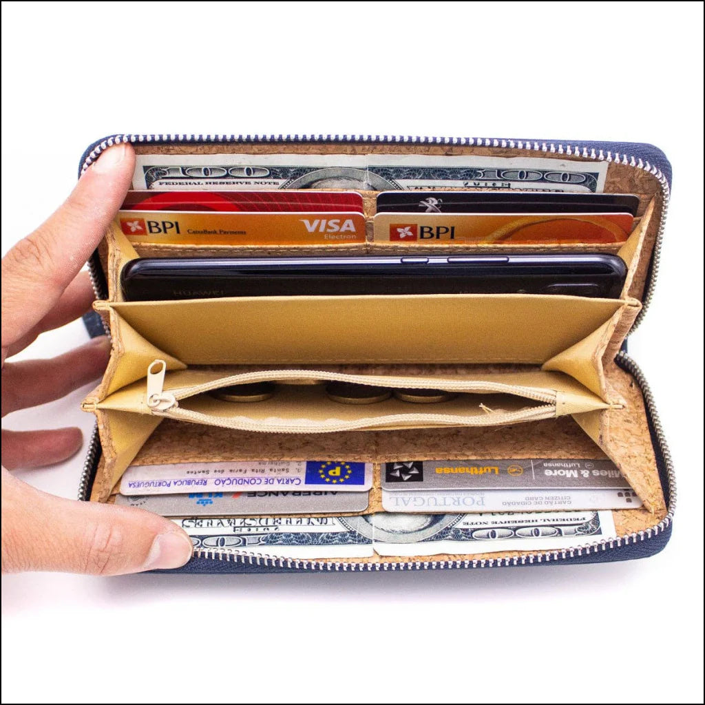 Wallet -Brown mixed silver cork with accents women card zipper vegan wallet